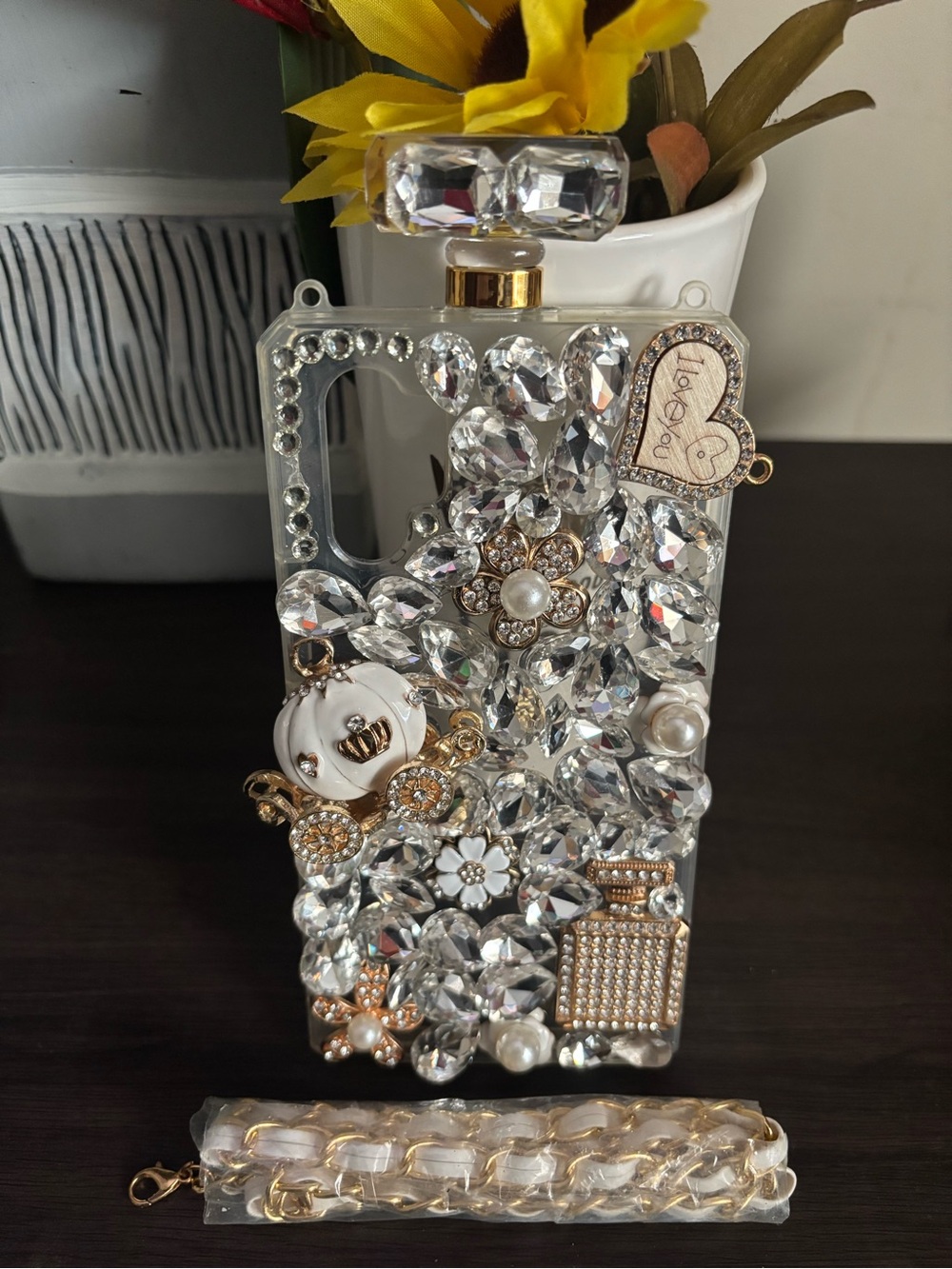 Crystal Jeweled Perfume Bottle Phone Case with Gold Accents